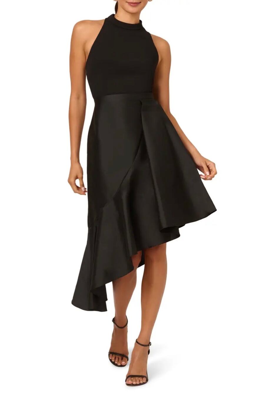 Adrianna Papell Black Cocktail Dress High-Low Sleeveless Halter Sheath Size 8